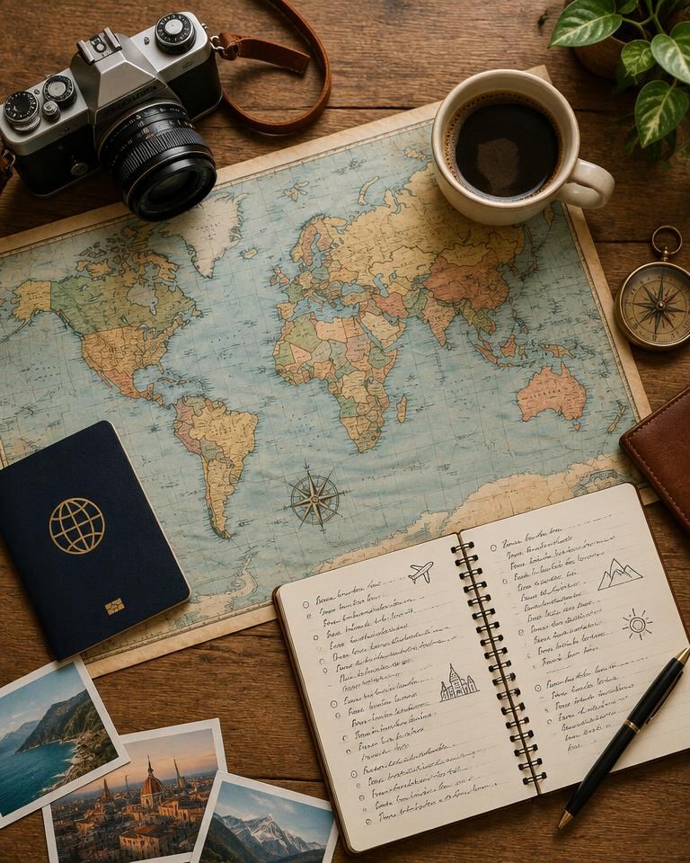 A world map, passport and itinerary notebook on a table
